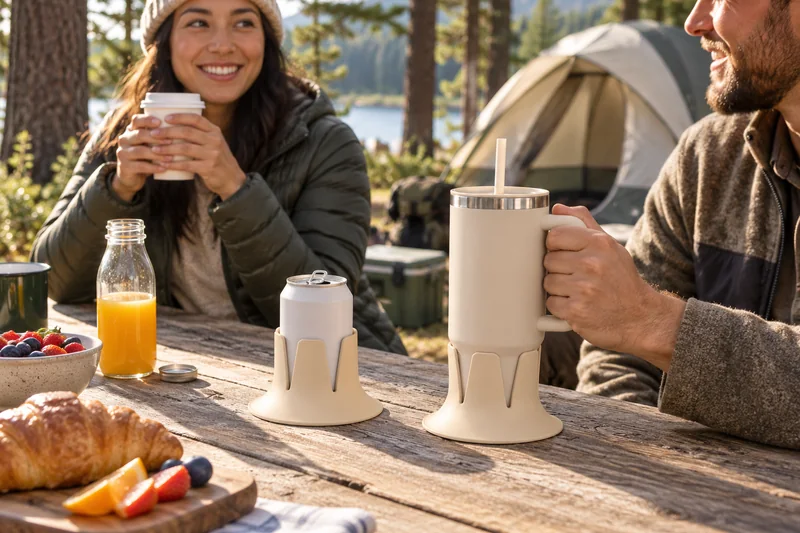 Morning forest camp breakfast table coffee near seated camper tent behind no fire near product. AI lifestyle illustration.