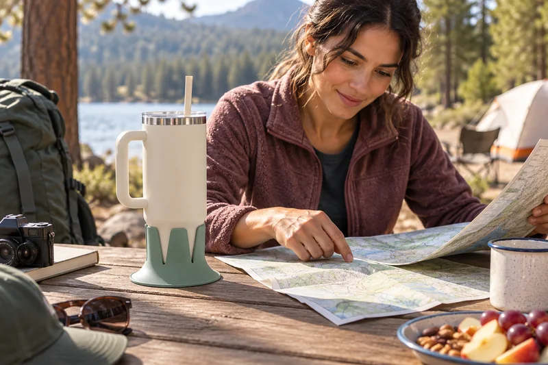 Adult organizing trail map at level solid campsite picnic table water at clear corner within reach. AI lifestyle illustration.