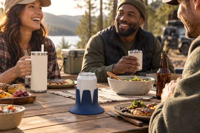 Friends relaxing at camp dining table soda can beside adult plate stove packed away. AI lifestyle illustration.