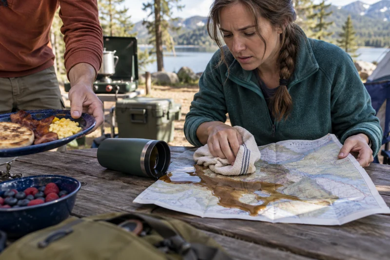Passing breakfast plate catches coffee; it soaks paper map and dry kitchen towel. AI illustration.